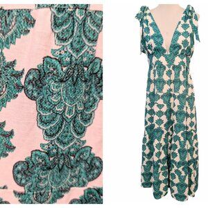 House Of Harlow Womens Size L Green Printed V-Neck Tie Straps Ruffles Maxi Dress